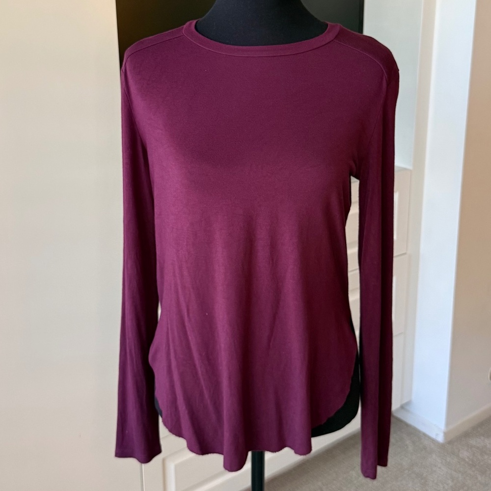 Halogen XS Burgundy Long Sleeve Tee | Soft Stretch Rayon Basic Top Minimalist